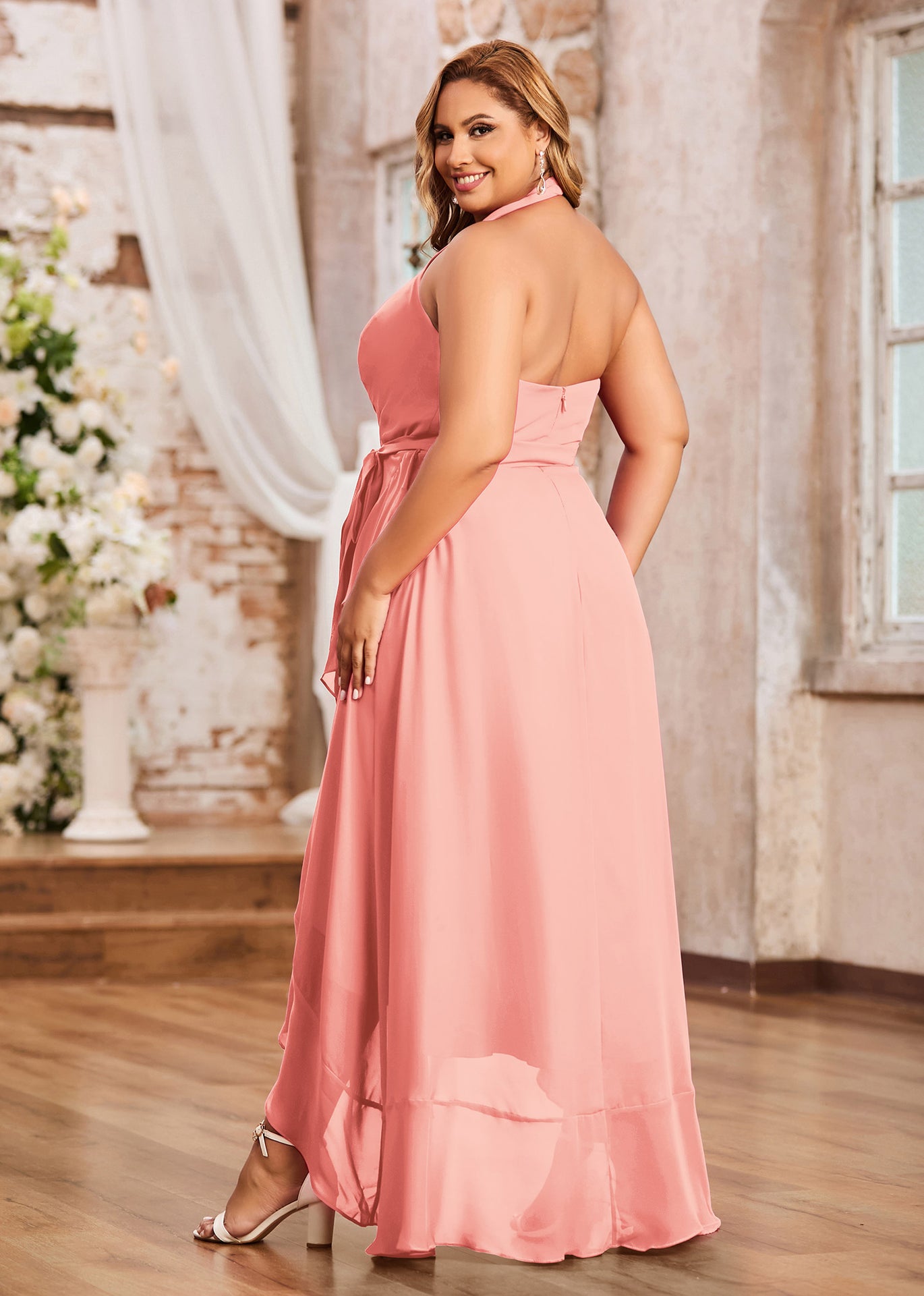 BABARONI Chiffon Coral Bridesmaid Dresses A-line V-neck Sleeveless  Asymmetrical  BABARONI UK