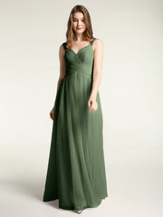Long Tulle Dress with Beaded Straps Olive Green