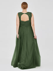 Long Tulle Dress with Beaded Straps Olive Green