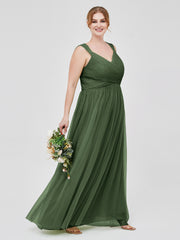 Long Tulle Dress with Beaded Straps Olive Green