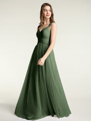 Long Tulle Dress with Beaded Straps Olive Green