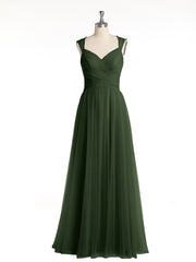 Long Tulle Dress with Beaded Straps Olive Green