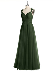 Long Tulle Dress with Beaded Straps Olive Green
