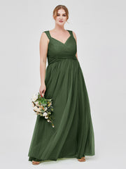 Long Tulle Dress with Beaded Straps Olive Green