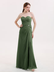Sweethart Neckline Chiffon Dress with Slit Olive Green