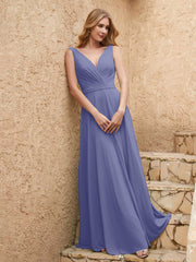 Long V Neck Chiffon Bridesmaid Dress Periwinkle