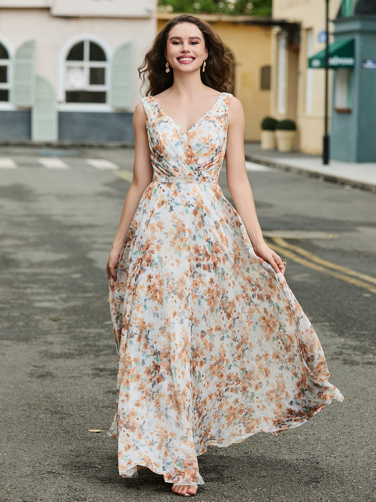 blue dress for baby girl Leely Women Lavender Floral Print A-line Long Bridesmaid Dress with Slit  Spaghetti Straps Pleated Long Formal Dress – leelyuk main image 1