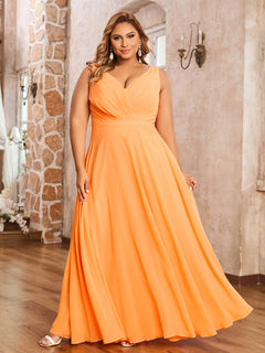 Long V Neck Chiffon Bridesmaid Dress Orange