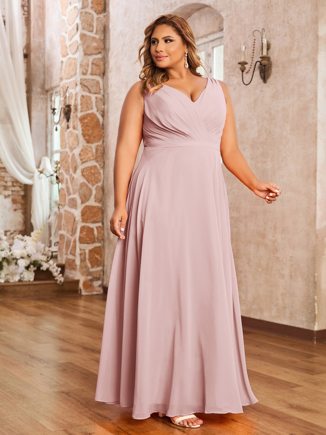 BABARONI Chiffon Dusty Rose Bridesmaid Dresses A-line V-neck Sleeveless  Floor-length – BABARONI UK