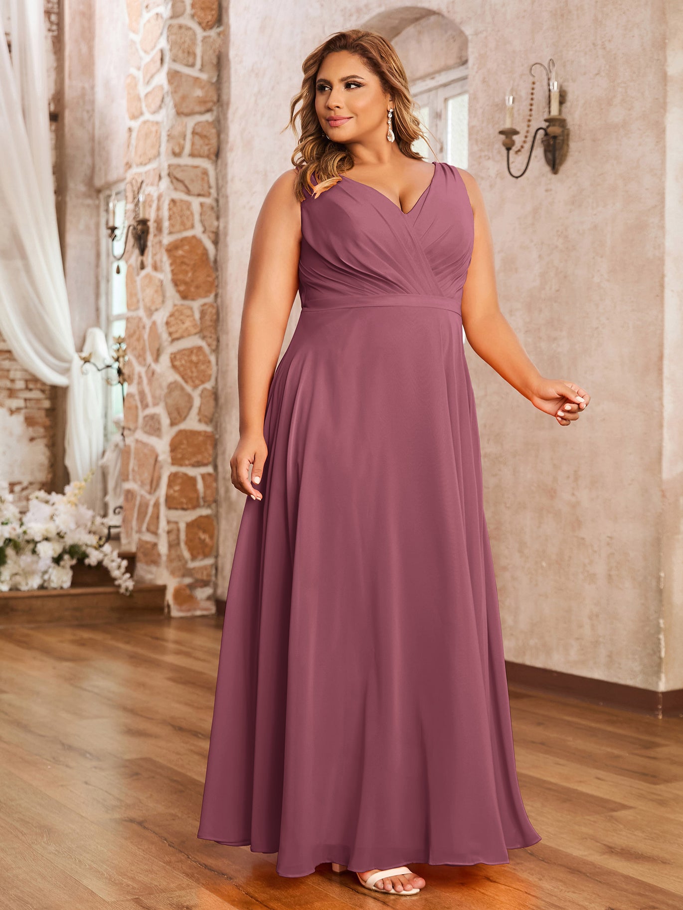 BABARONI Chiffon Mulberry Bridesmaid Dresses A-line V-neck Sleeveless  Floor-length – BABARONI UK