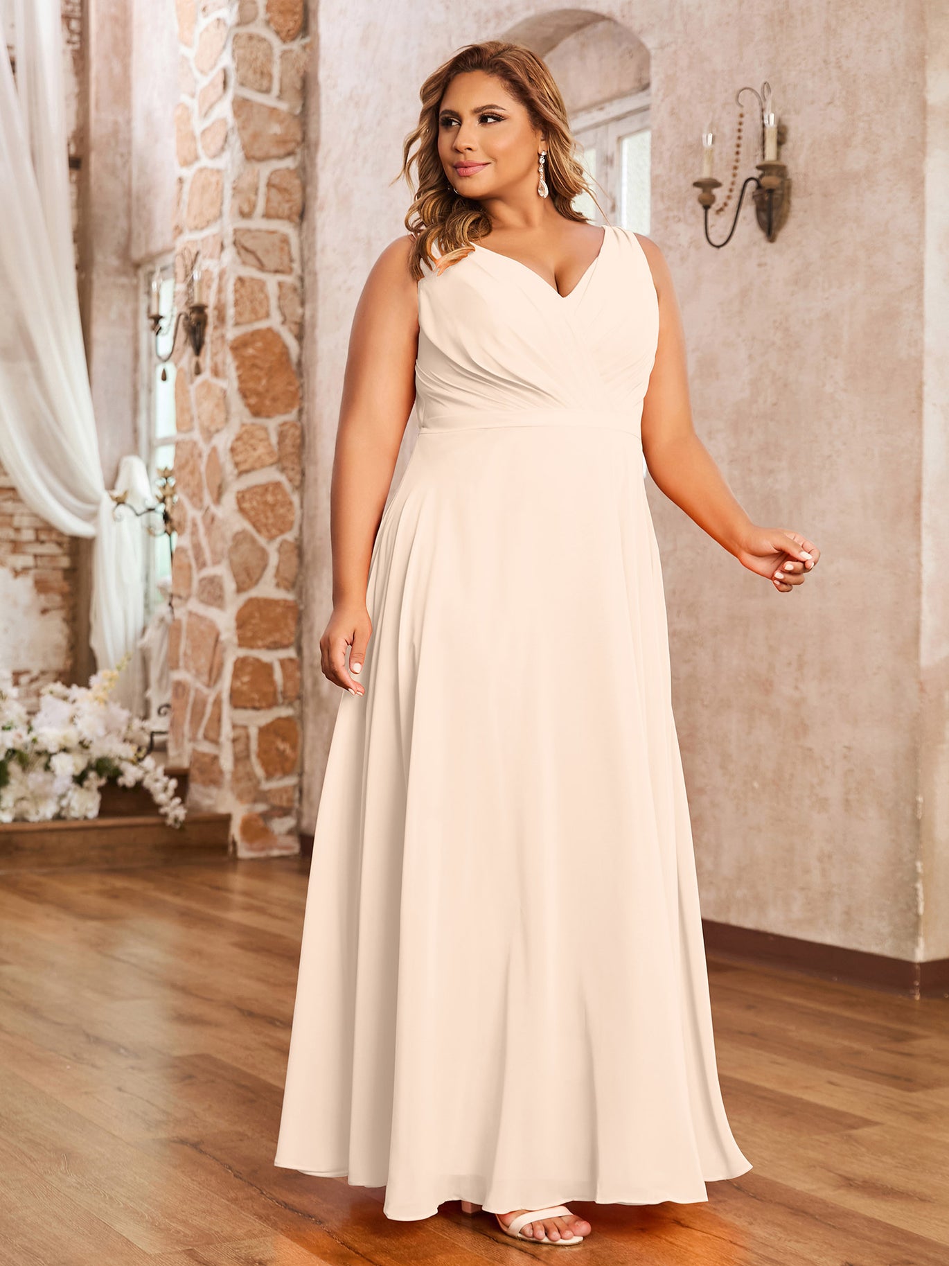 BABARONI Chiffon Peach Bridesmaid Dresses A-line V-neck Sleeveless  Floor-length – BABARONI UK