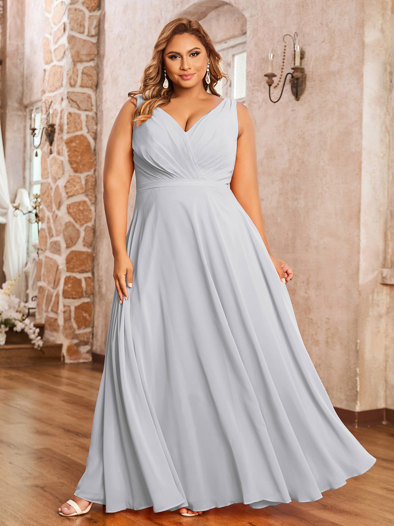 BABARONI Chiffon Silver Bridesmaid Dresses A-line V-neck Sleeveless  Floor-length – BABARONI UK