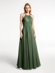Keyhole Halter Neck Chiffon Dress with Pockets Olive Green