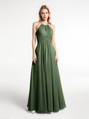 Keyhole Halter Neck Chiffon Dress with Pockets Olive Green