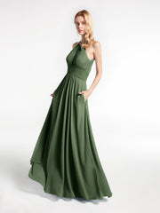 Keyhole Halter Neck Chiffon Dress with Pockets Olive Green