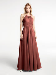 Keyhole Halter Neck Chiffon Dress with Pockets Terracotta