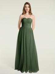 Strapless Long Tulle Bridesmaid Dress with Sweetheart Olive Green