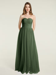 Strapless Long Tulle Bridesmaid Dress with Sweetheart Olive Green