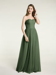Strapless Long Tulle Bridesmaid Dress with Sweetheart Olive Green