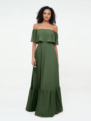 Tiered Skirt Chiffon Max Dresses with Pockets Olive Green