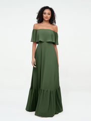 Tiered Skirt Chiffon Max Dresses with Pockets Olive Green