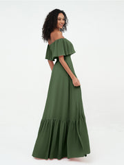 Tiered Skirt Chiffon Max Dresses with Pockets Olive Green