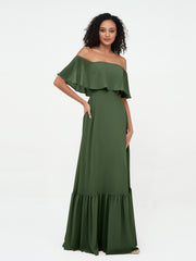 Tiered Skirt Chiffon Max Dresses with Pockets Olive Green