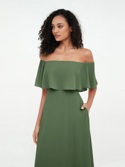 Tiered Skirt Chiffon Max Dresses with Pockets Olive Green