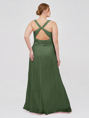 Long Chiffon Dress with V Neck X Cross Open Back Olive Green