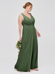 Long Chiffon Dress with V Neck X Cross Open Back Olive Green