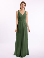 Long Chiffon Dress with V Neck X Cross Open Back Olive Green