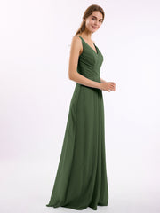 Long Chiffon Dress with V Neck X Cross Open Back Olive Green