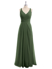 Long Chiffon Dress with V Neck X Cross Open Back Olive Green