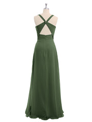 Long Chiffon Dress with V Neck X Cross Open Back Olive Green