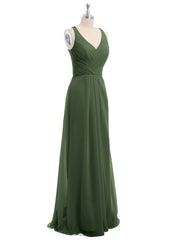 Long Chiffon Dress with V Neck X Cross Open Back Olive Green