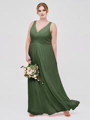 Long Chiffon Dress with V Neck X Cross Open Back Olive Green