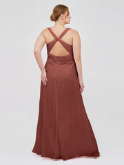 Long Chiffon Dress with V Neck X Cross Open Back Terracotta