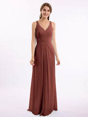 Long Chiffon Dress with V Neck X Cross Open Back Terracotta