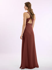 Long Chiffon Dress with V Neck X Cross Open Back Terracotta