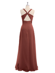 Long Chiffon Dress with V Neck X Cross Open Back Terracotta