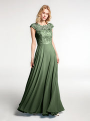 Illusion Warp Neck Lace and Chiffon Long Dress Olive Green