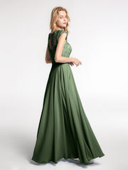 Illusion Warp Neck Lace and Chiffon Long Dress Olive Green
