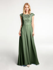 Illusion Warp Neck Lace and Chiffon Long Dress Olive Green
