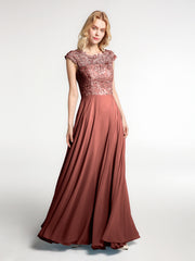 Illusion Warp Neck Lace and Chiffon Long Dress Terracotta