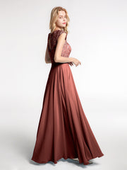 Illusion Warp Neck Lace and Chiffon Long Dress Terracotta