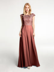 Illusion Warp Neck Lace and Chiffon Long Dress Terracotta