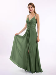 Chiffon Bottom Lace Top Bridesmaid Dress with Slit Olive Green