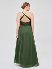 Chiffon Bottom Lace Top Bridesmaid Dress with Slit Olive Green