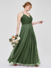 Chiffon Bottom Lace Top Bridesmaid Dress with Slit Olive Green