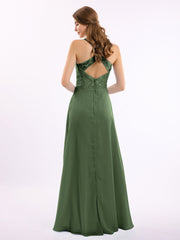 Chiffon Bottom Lace Top Bridesmaid Dress with Slit Olive Green